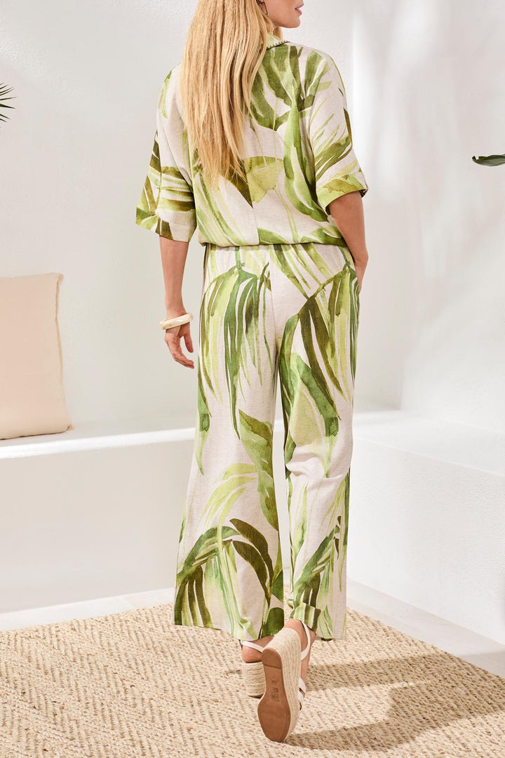 Tribal Flowy Linen Flare Pants With Drawcord Waist Mintleaf