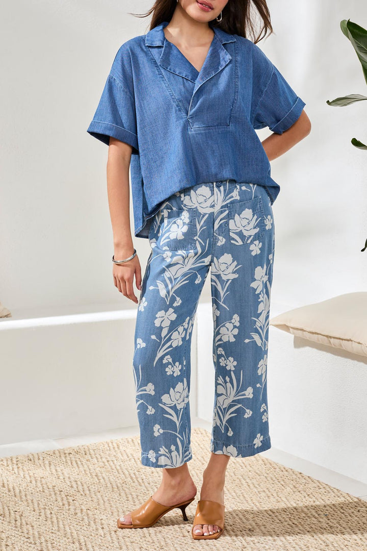 Tribal Drape Denim Printed Wide Leg Button At Waist Pants Seaside Blue