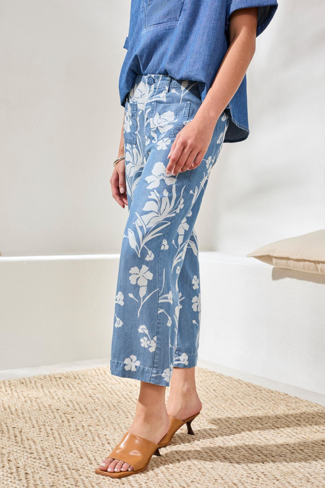 Tribal Drape Denim Printed Wide Leg Button At Waist Pants Seaside Blue