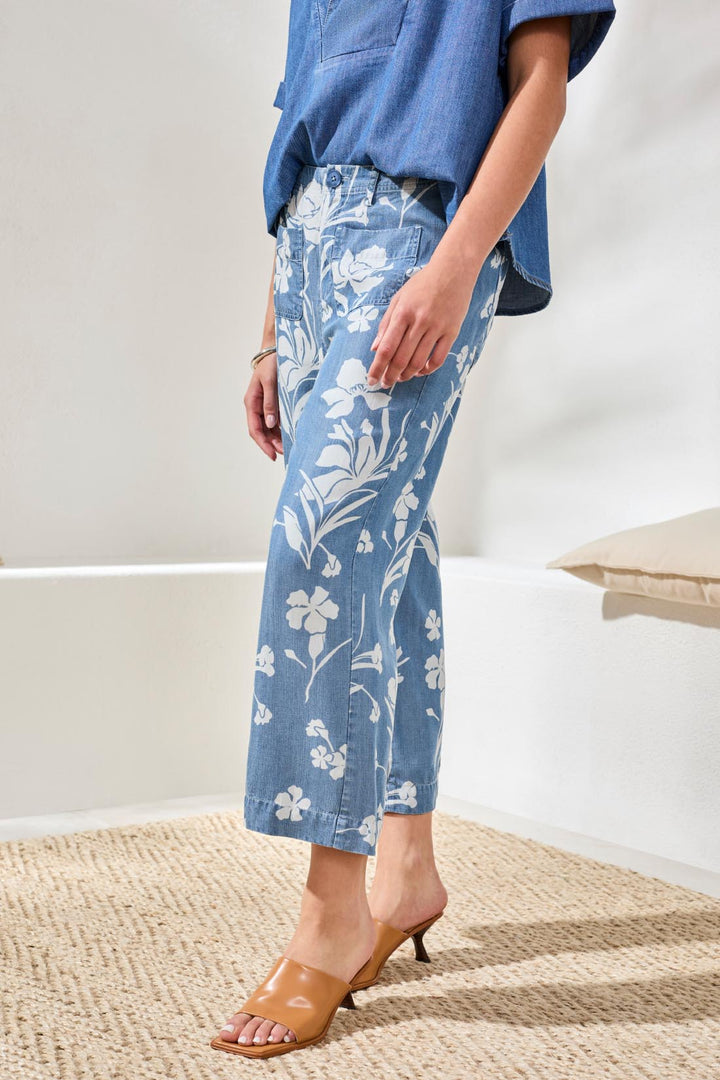 Tribal Drape Denim Printed Wide Leg Button At Waist Pants Seaside Blue