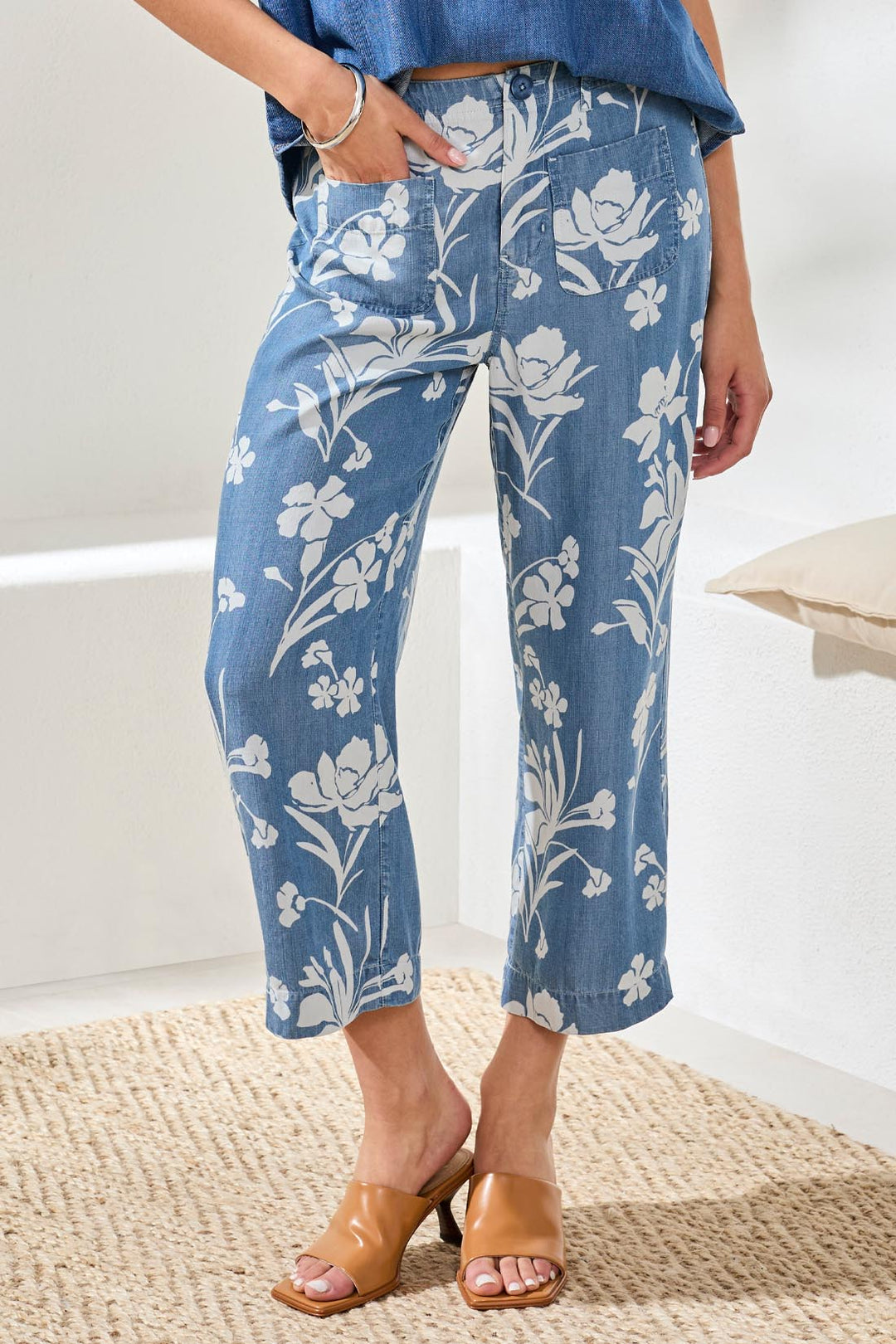 Tribal Drape Denim Printed Wide Leg Button At Waist Pants Seaside Blue