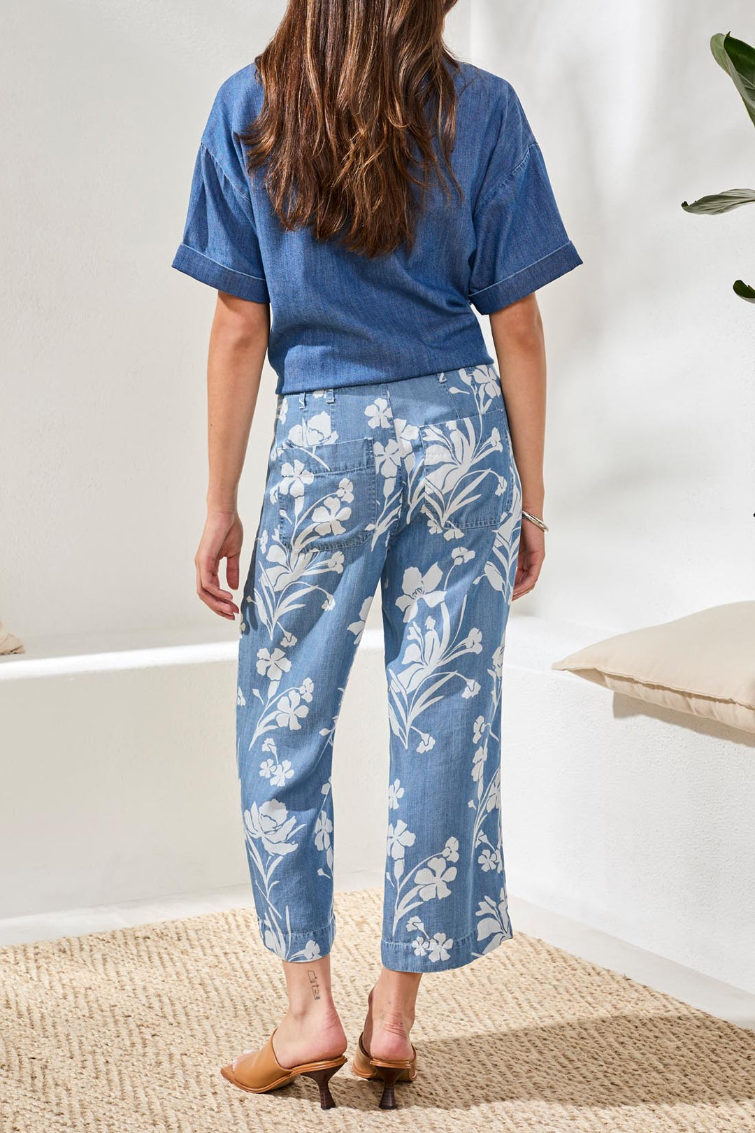 Tribal Drape Denim Printed Wide Leg Button At Waist Pants Seaside Blue