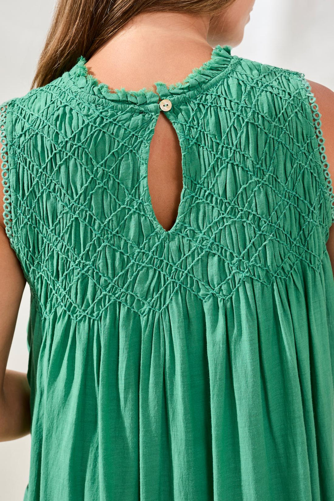 Tribal Textured Poplin Sleeveless Crewneck A-Line Dress Grass