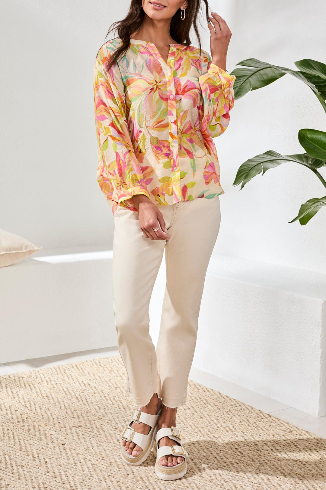 Tribal Flowy Dolman Sleeve Blouse With Self-Covering Buttons - Rosesilk