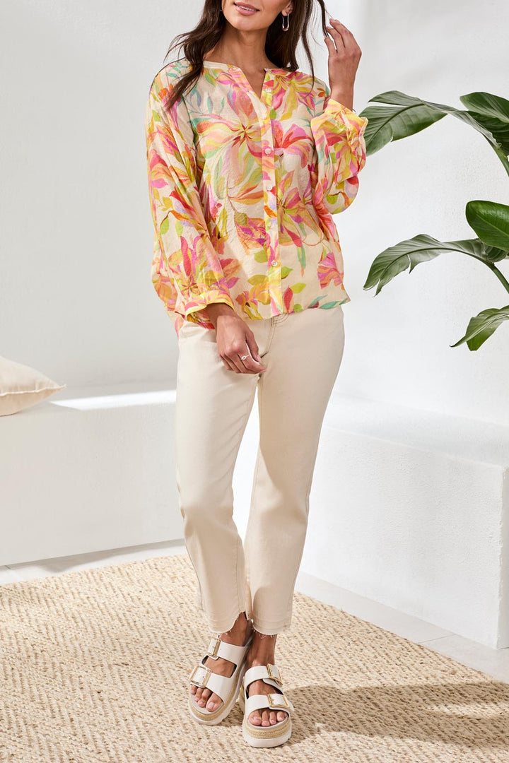 Tribal Flowy Dolman Sleeve Blouse With Self-Covering Buttons - Rosesilk