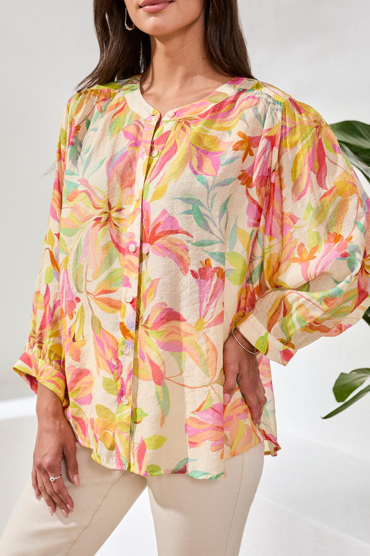 Tribal Flowy Dolman Sleeve Blouse With Self-Covering Buttons - Rosesilk