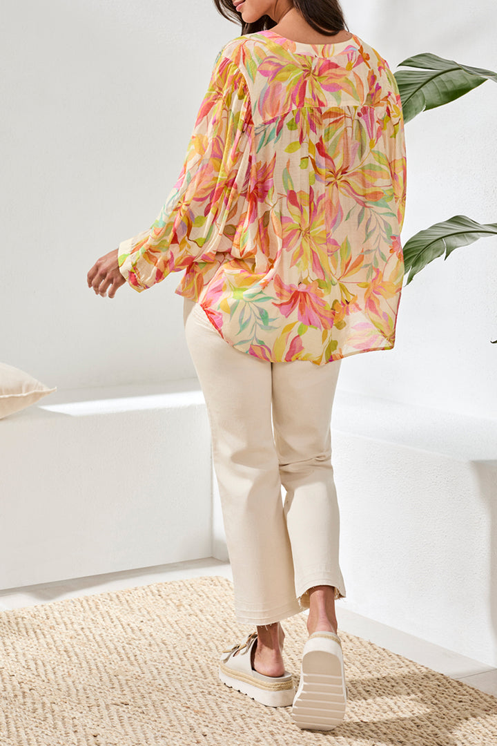 Tribal Flowy Dolman Sleeve Blouse With Self-Covering Buttons - Rosesilk