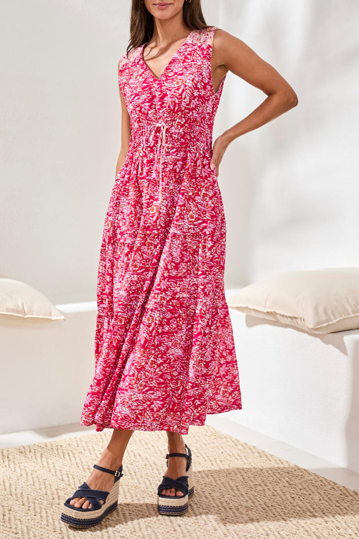 Tribal Lined Poplin Maxi Dress With Drawcord Waist Gardenia