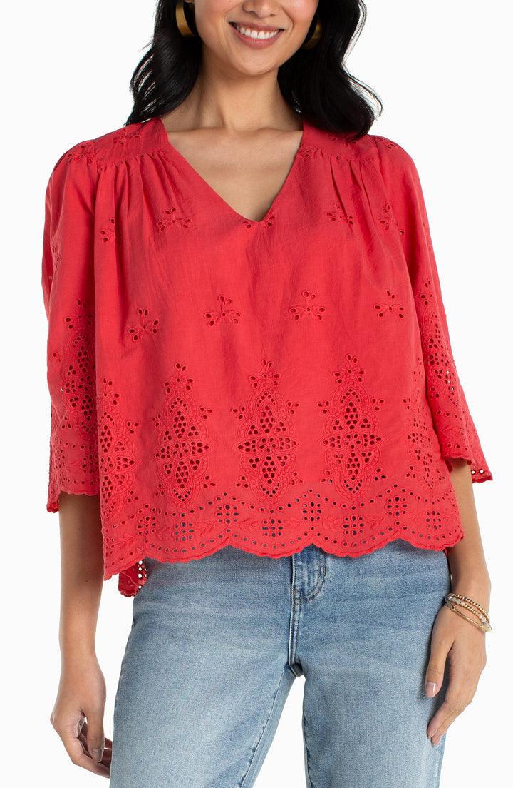 Liverpool 3/4 Sleeve V-Neck Eyelet Woven Top - Cherry Rose