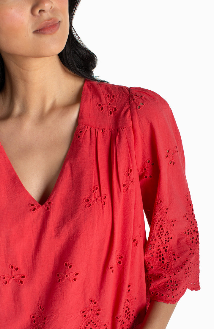 Liverpool 3/4 Sleeve V-Neck Eyelet Woven Top - Cherry Rose