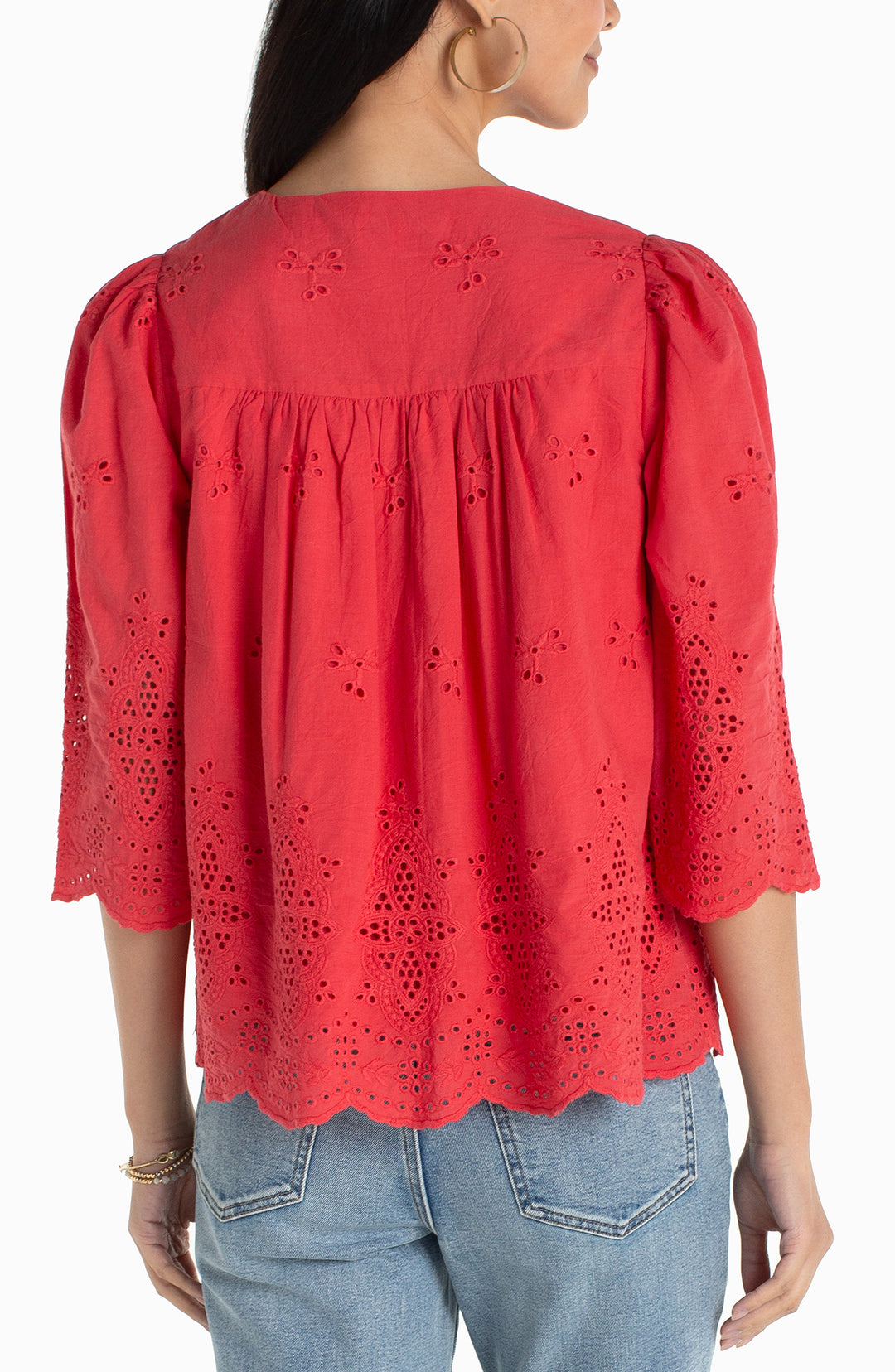 Liverpool 3/4 Sleeve V-Neck Eyelet Woven Top - Cherry Rose
