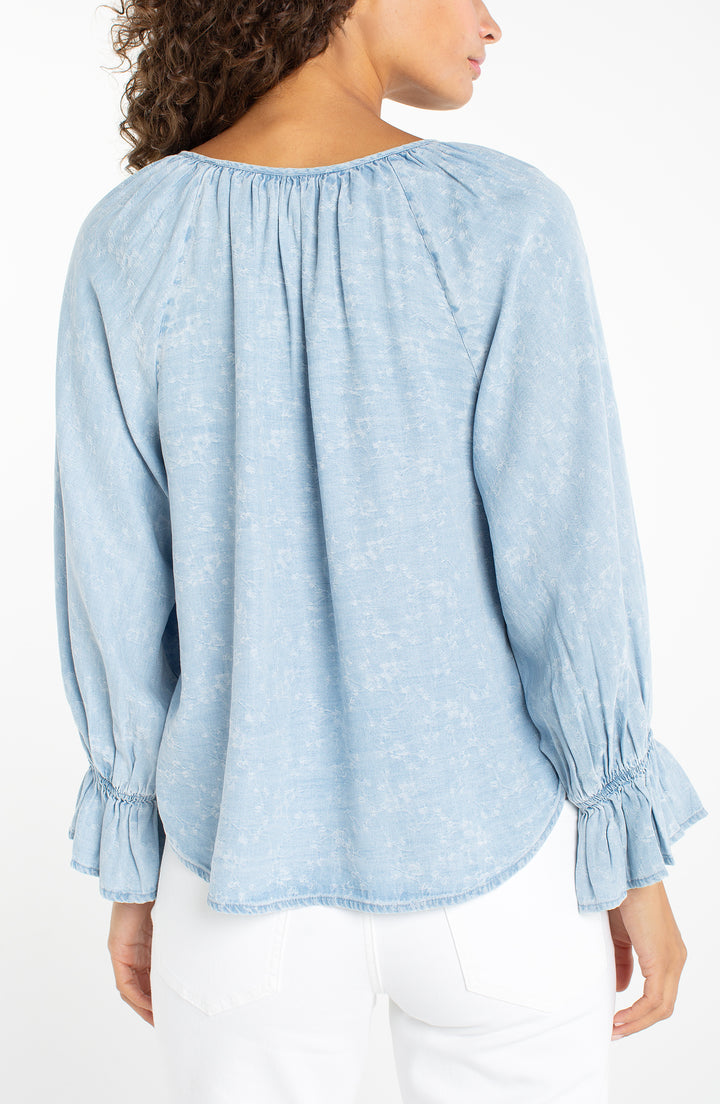 Liverpool 3/4 Sleeve Button Front Shirred Woven Top - Rose Ice