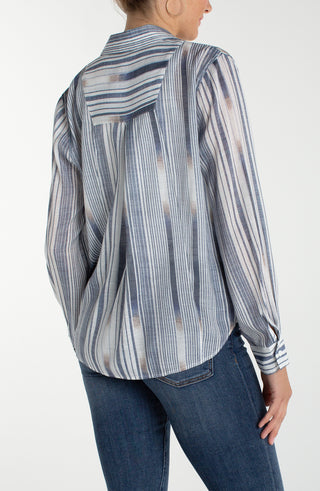 Liverpool Long Sleeve Button Front Woven Shirt w/ Back Seaming - Chambray