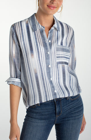 Liverpool Long Sleeve Button Front Woven Shirt w/ Back Seaming - Chambray