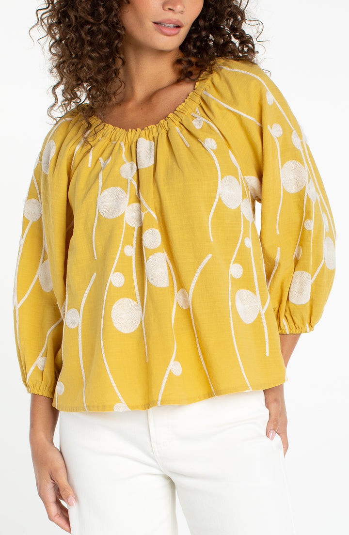 Liverpool 3/4 Sleeve Woven Top Yellow w/ Cream Embroidery