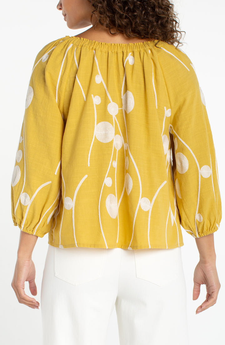 Liverpool 3/4 Sleeve Woven Top Yellow w/ Cream Embroidery