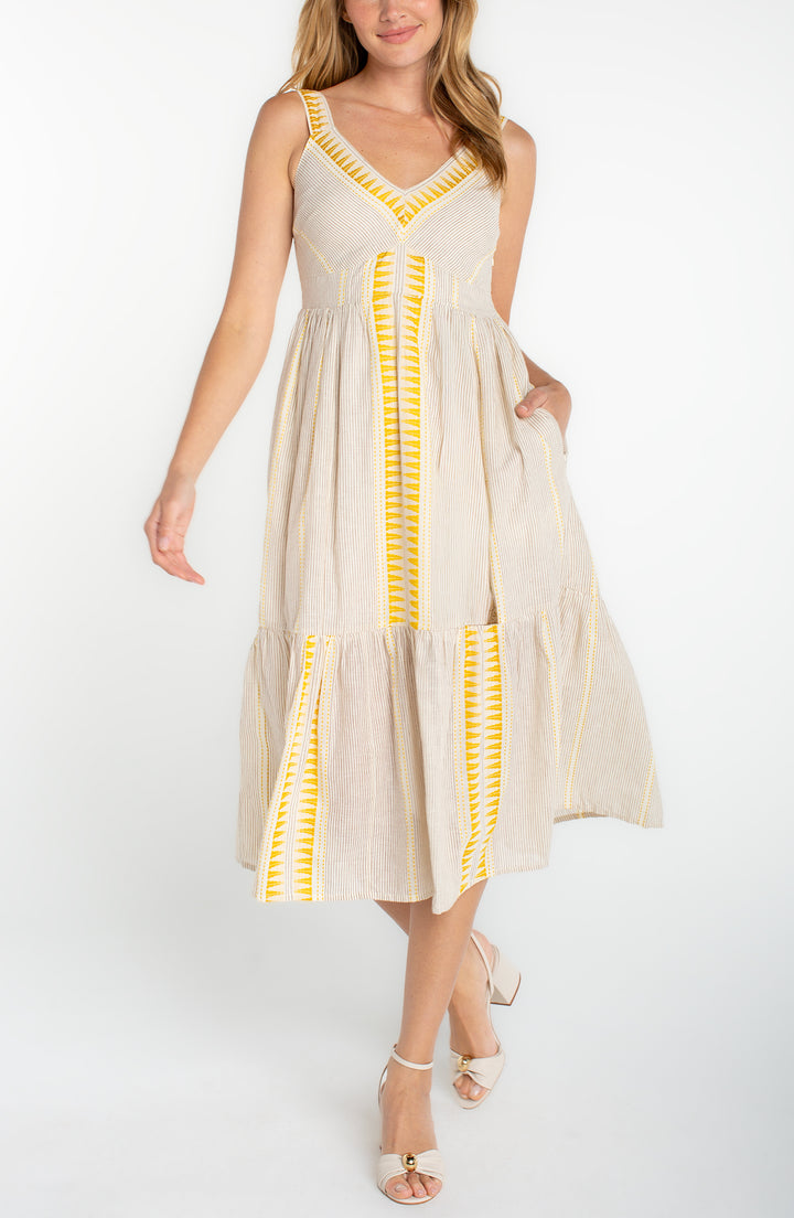 Liverpool Sleeveless Midi Dress - Cream Brown Stripe