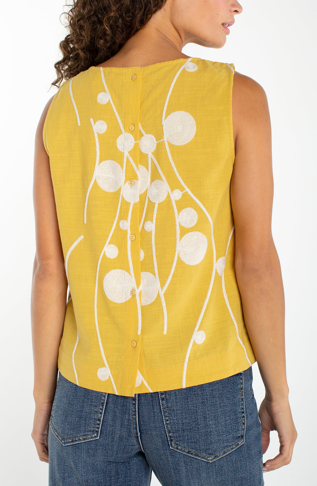 Liverpool Sleeveless Button Back Woven Top Yellow w/ Cream Embroidery