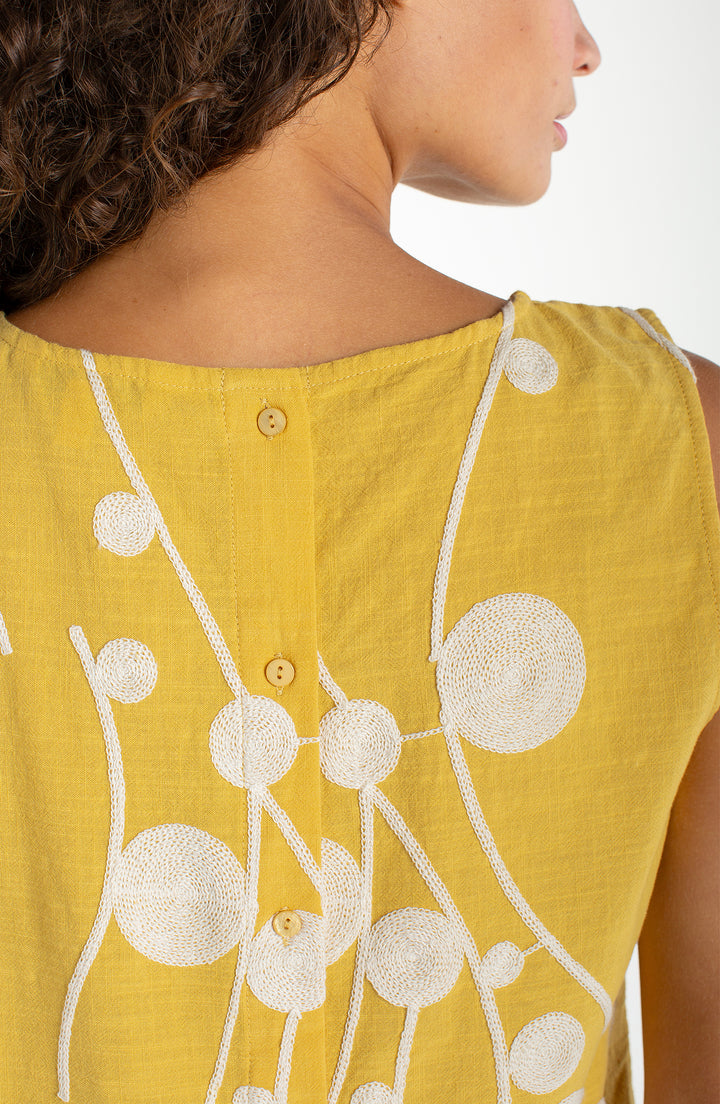 Liverpool Sleeveless Button Back Woven Top Yellow w/ Cream Embroidery