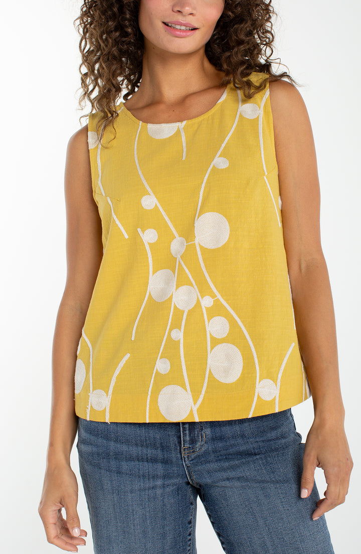 Liverpool Sleeveless Button Back Woven Top Yellow w/ Cream Embroidery