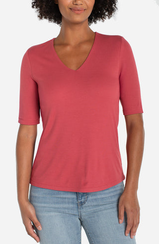 Liverpool Double Layer V-neck Rib Knit Top - Garnet Rose