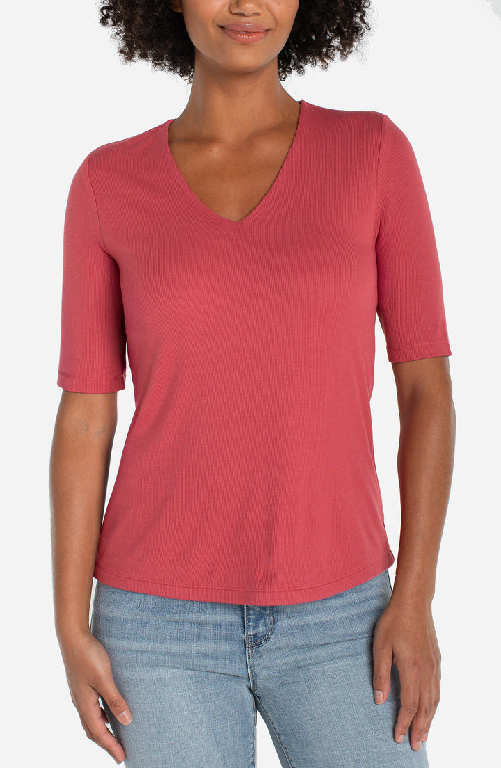 Liverpool Double Layer V-neck Rib Knit Top - Garnet Rose