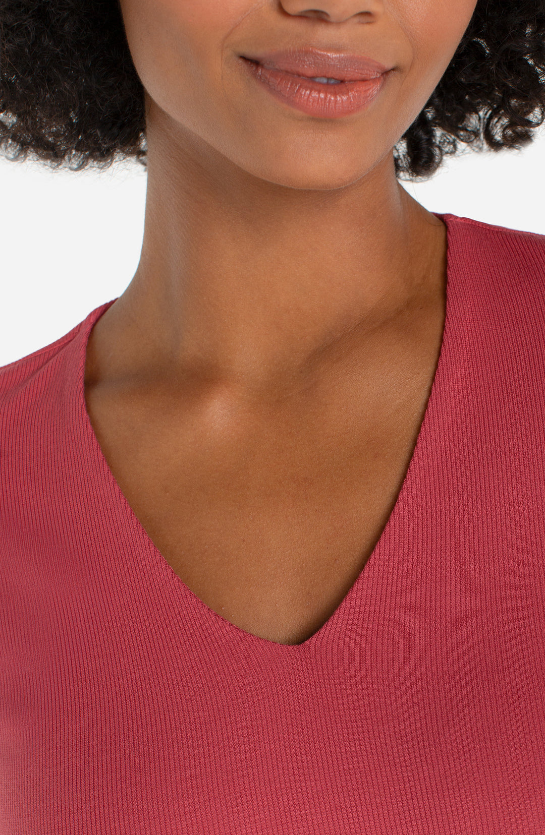 Liverpool Double Layer V-neck Rib Knit Top - Garnet Rose