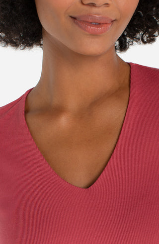 Liverpool Double Layer V-neck Rib Knit Top - Garnet Rose