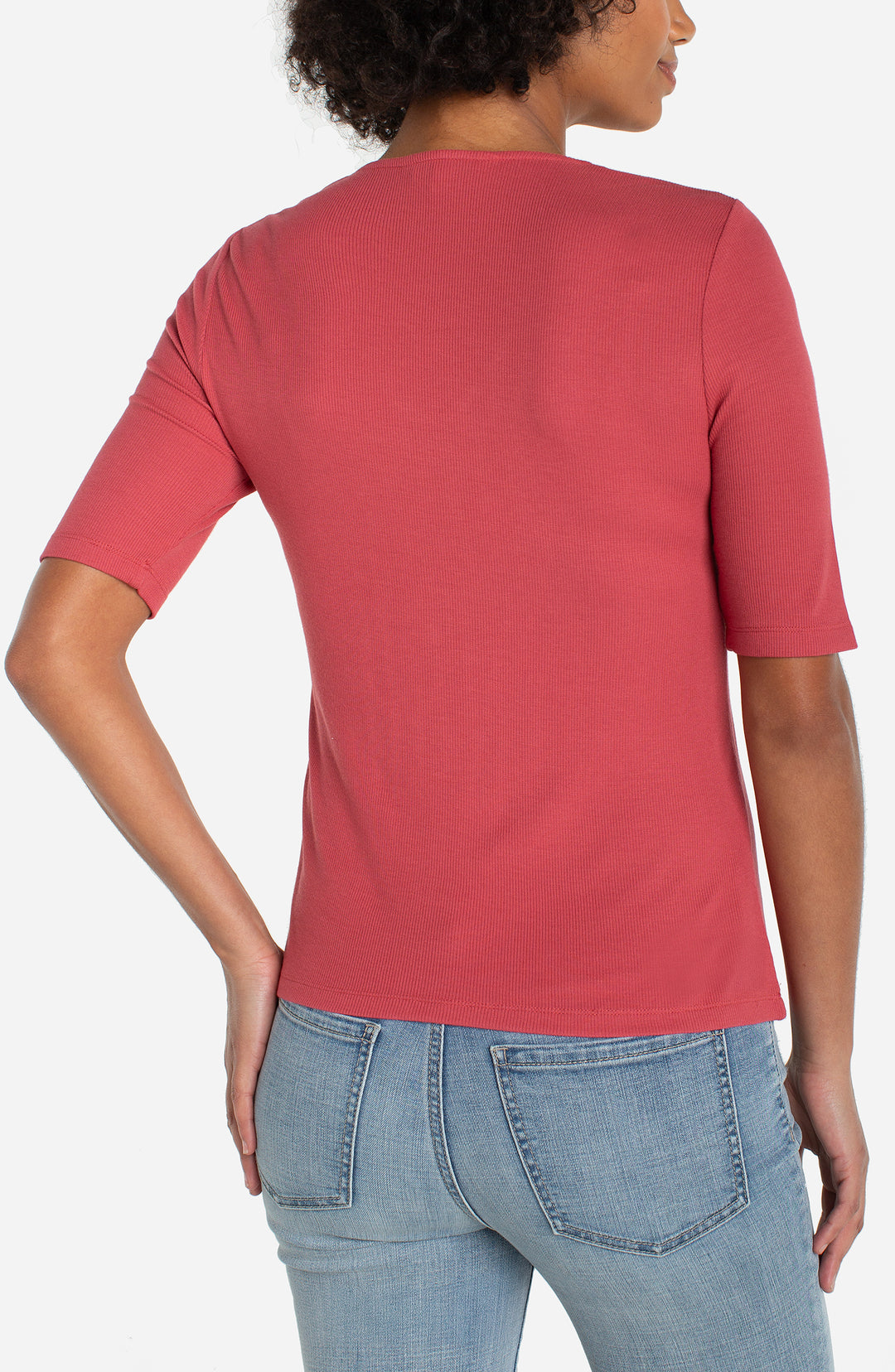 Liverpool Double Layer V-neck Rib Knit Top - Garnet Rose