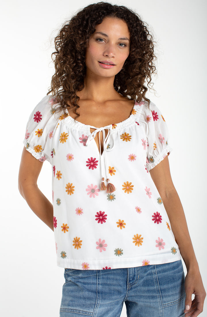 Liverpool Short Sleeve Tie Neck Woven Top White Multi Flower