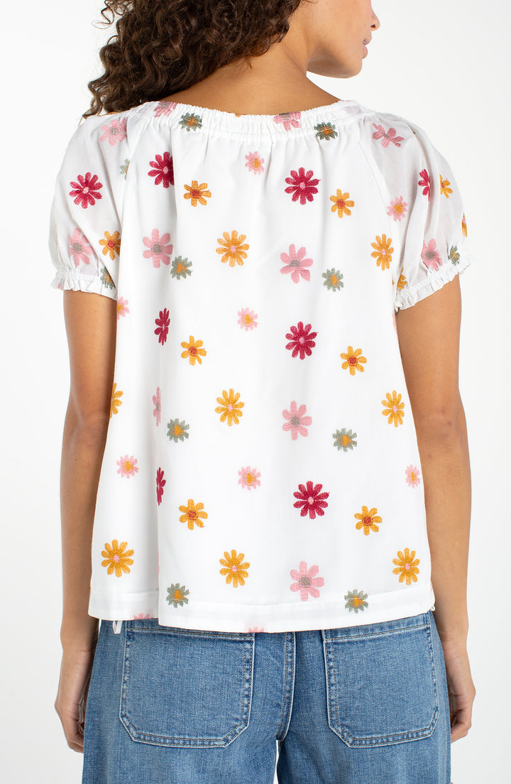 Liverpool Short Sleeve Tie Neck Woven Top White Multi Flower