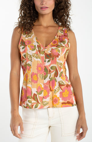 Liverpool Sleeveless V Neck Woven Top with Pintucks Tan Floral Multi