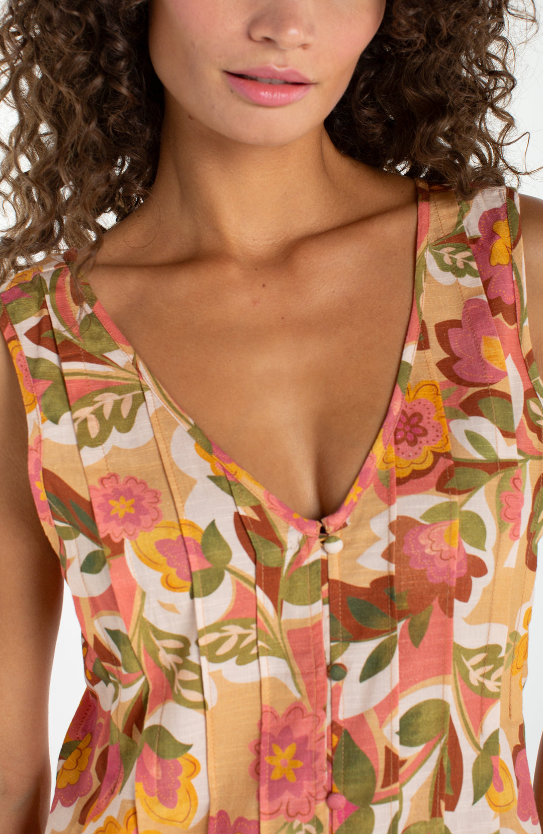 Liverpool Sleeveless V Neck Woven Top with Pintucks Tan Floral Multi