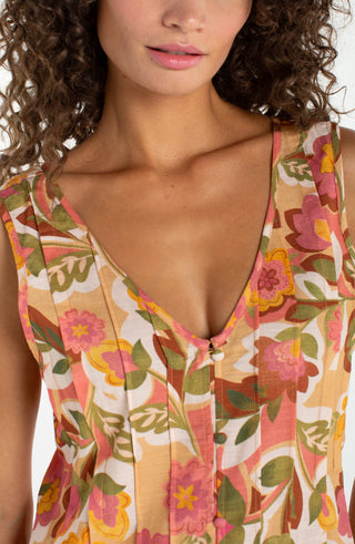 Liverpool Sleeveless V Neck Woven Top with Pintucks Tan Floral Multi