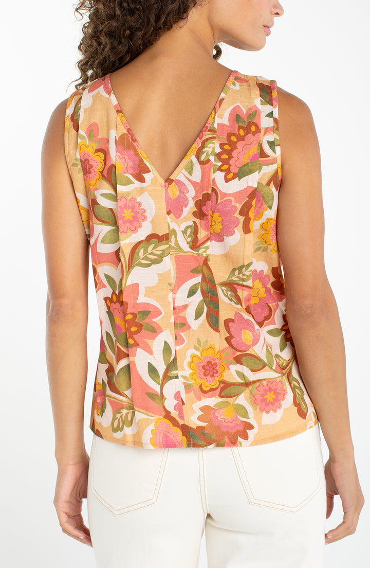 Liverpool Sleeveless V Neck Woven Top with Pintucks Tan Floral Multi