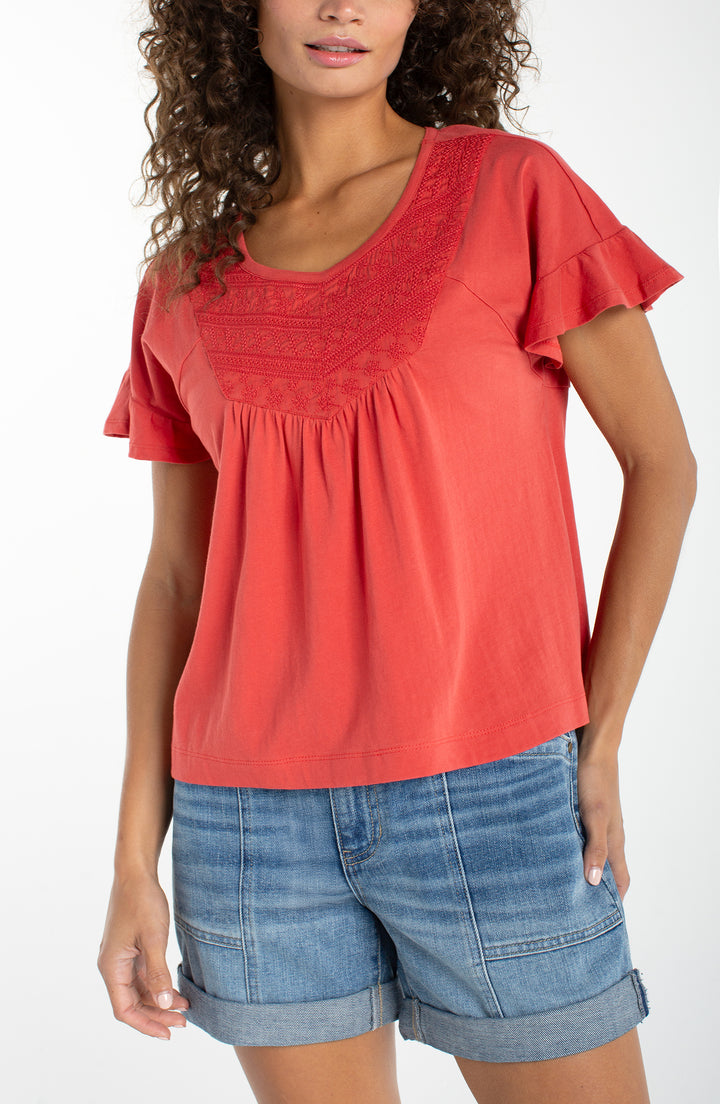 Liverpool Flutter Sleeve Woven to Knit Top Red Clay