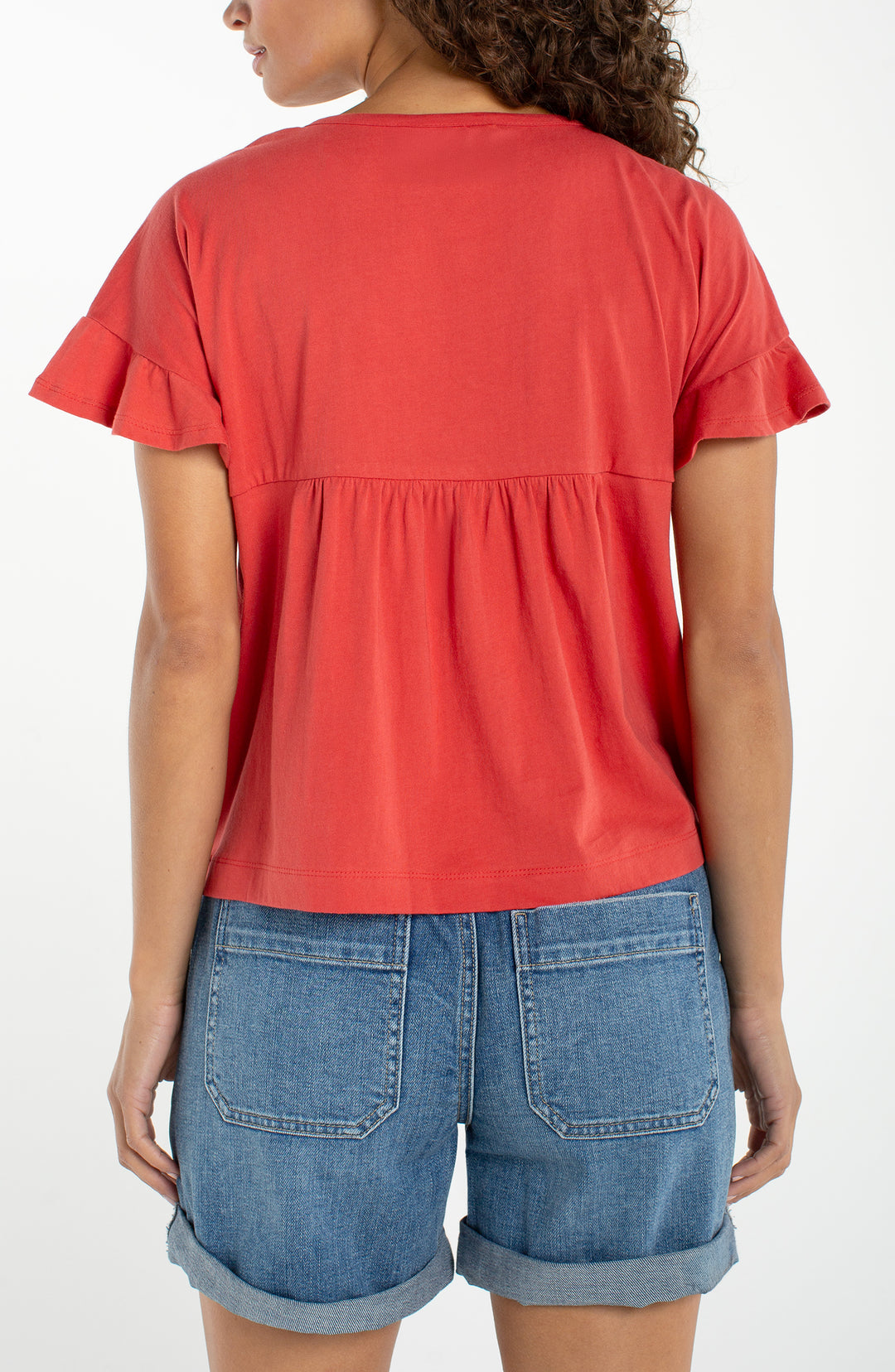 Liverpool Flutter Sleeve Woven to Knit Top Red Clay