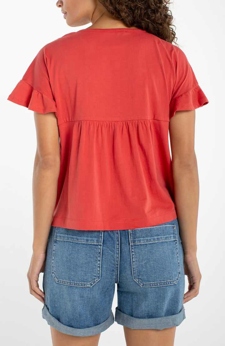 Liverpool Flutter Sleeve Woven to Knit Top Red Clay