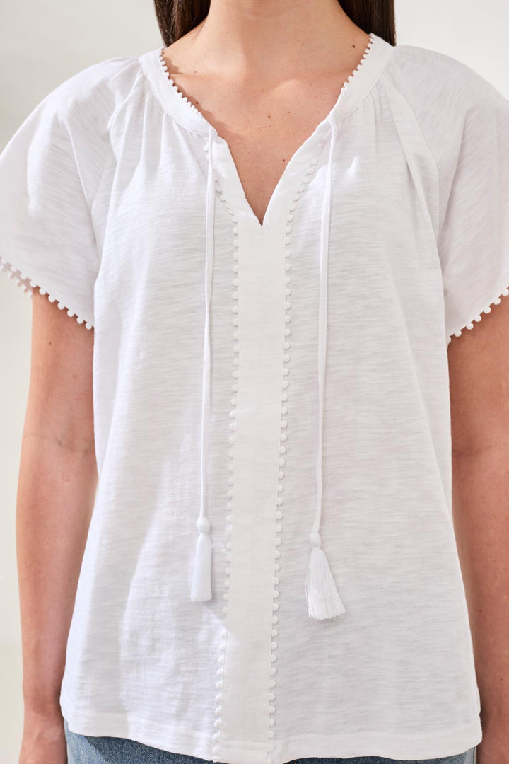 Tribal Cotton Slub Split Neck Tassel Top - White