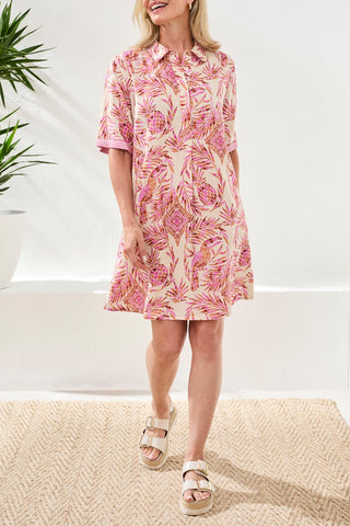Tribal Linen Rayon Short Sleeve Collared Shift Dress Wisteria