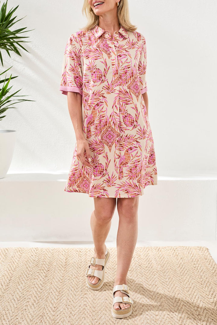Tribal Linen Rayon Short Sleeve Collared Shift Dress Wisteria