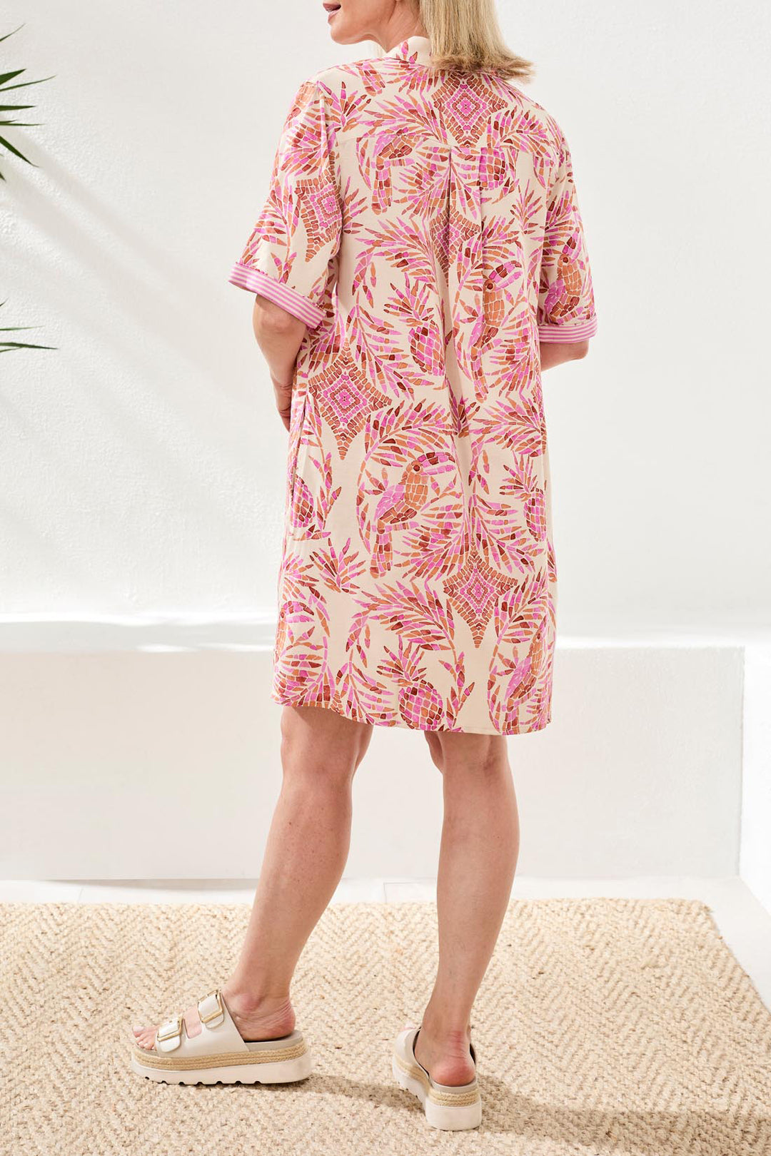Tribal Linen Rayon Short Sleeve Collared Shift Dress Wisteria