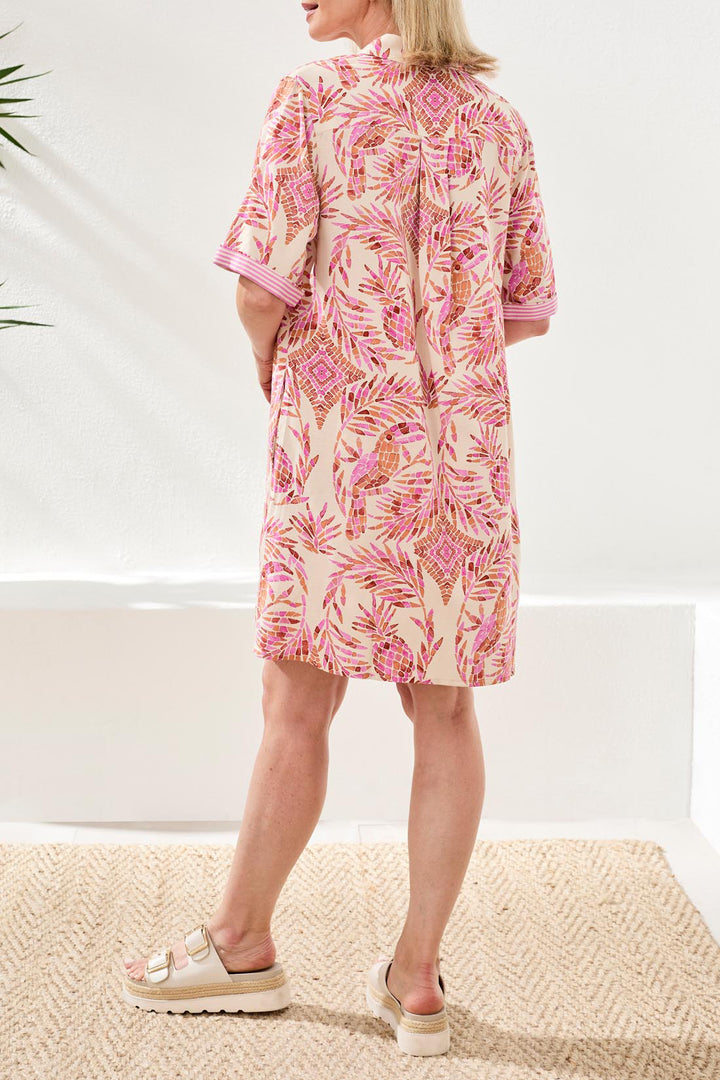 Tribal Linen Rayon Short Sleeve Collared Shift Dress Wisteria