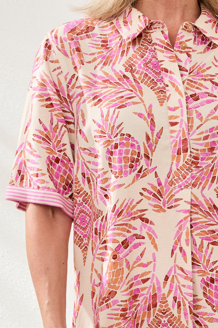 Tribal Linen Rayon Short Sleeve Collared Shift Dress Wisteria