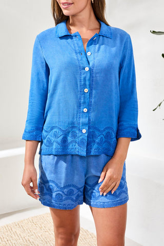 Tribal 3/4 Sleeve Button Front Blouse with Embroidery Turkish Sea