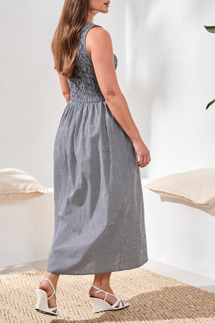 Tribal Gingham Smocked-Bodice Maxi Dress Black