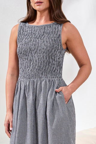 Tribal Gingham Smocked-Bodice Maxi Dress Black