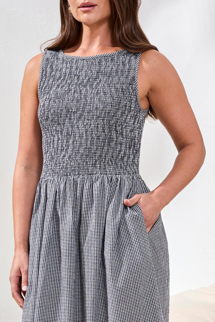 Tribal Gingham Smocked-Bodice Maxi Dress Black