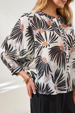 Tribal Flowy Dolman Sleeve Blouse With Self-Covering Buttons White/Black