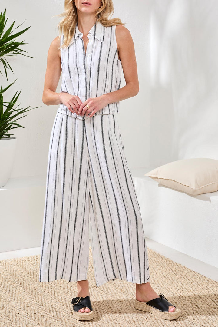 Tribal Soft Linen Flowy Wide Leg Crop Pants White/Black